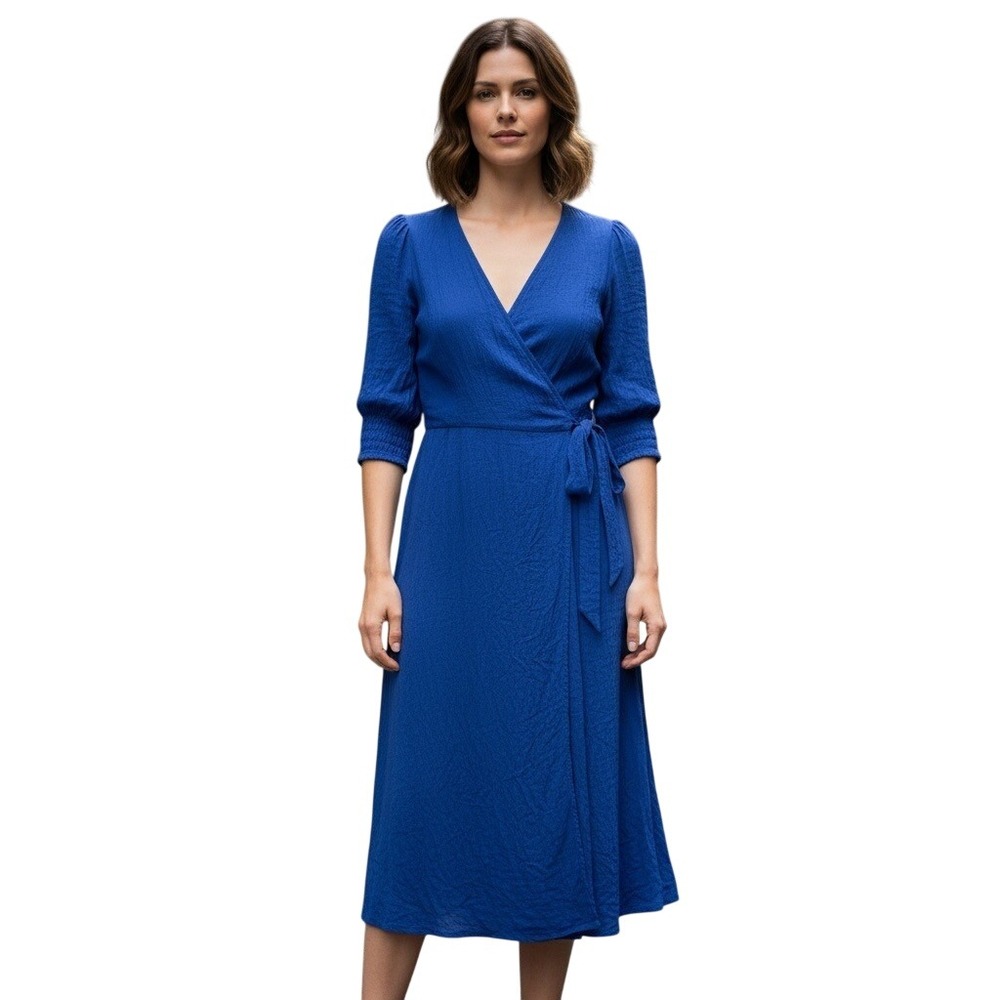 Blue‎ Wrap Dress Midi Elbow Sleeve Tie Waist Textured Casual
